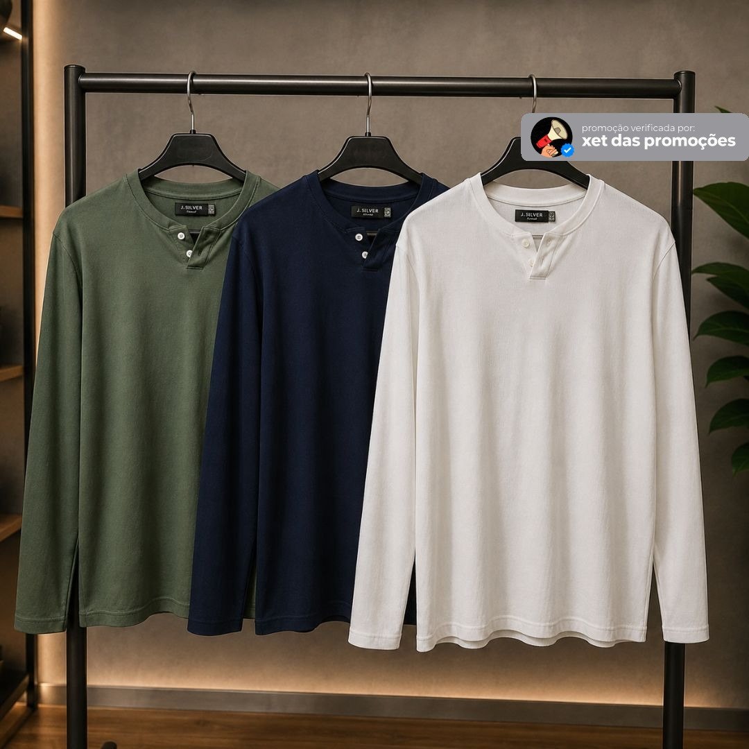 Kit com 3 Camisetas Henley Manga Longa